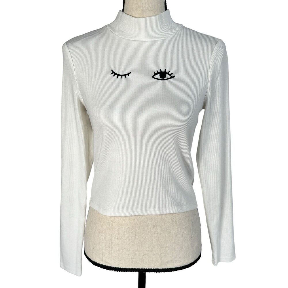 Forever 21 JRS Medium Top "Wink" Embroidered Long Sleeve Mock Neck Stretch Ivory